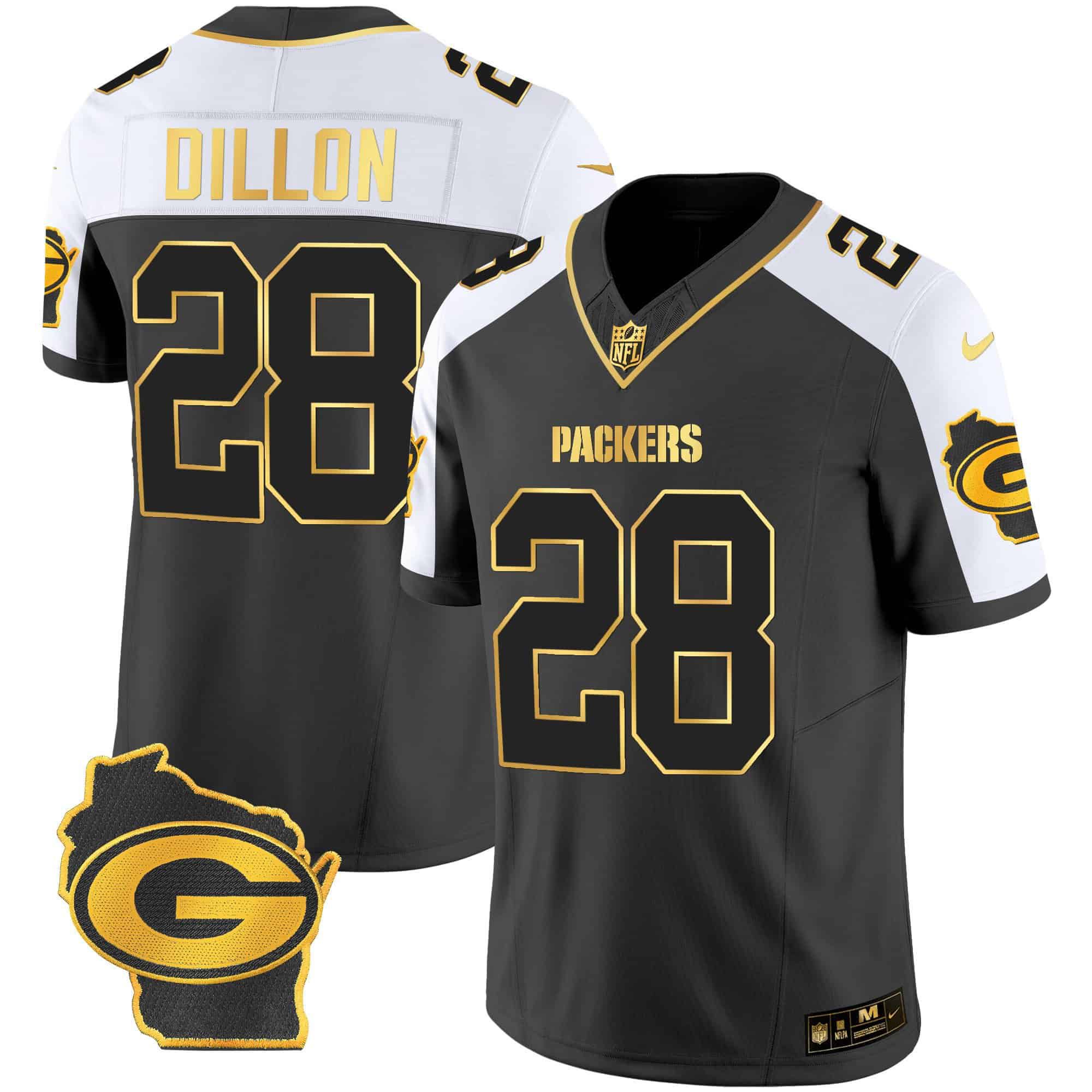 Men Green Bay Packers 28 Dillon Black Gold 2024 Nike Home Patch Vapor NFL Jersey